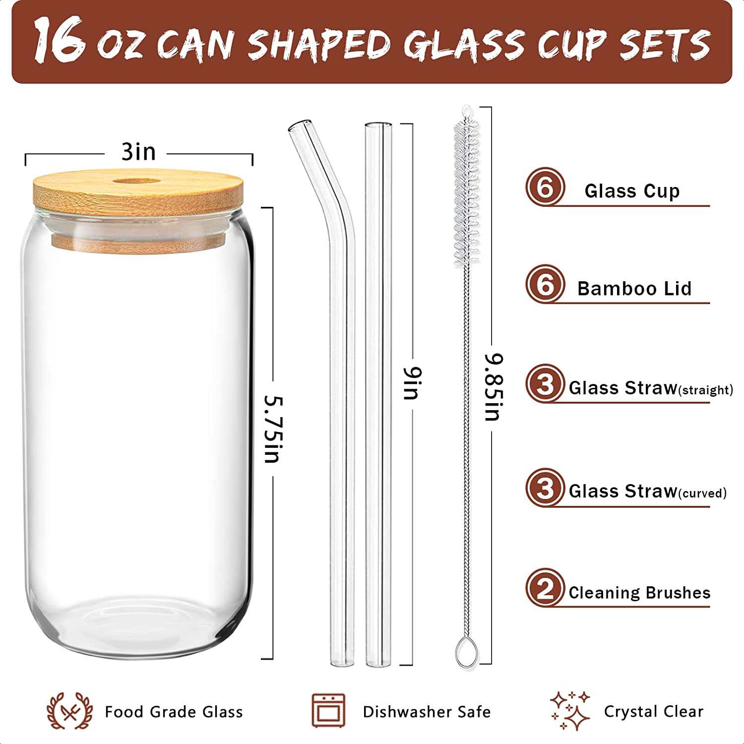 Drinking Glasses with Bamboo Lids and Glass Straw Can Shaped Glass