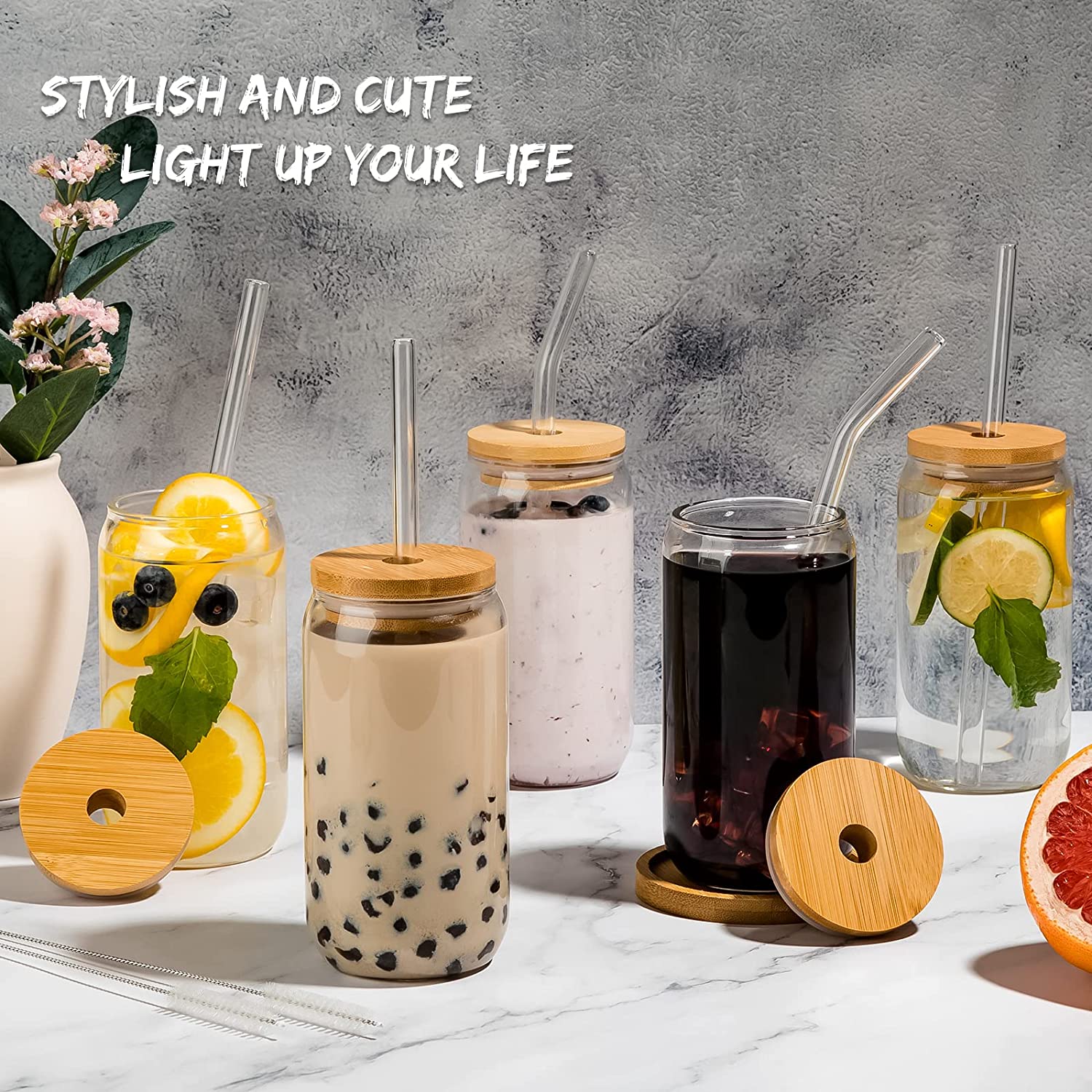 Mason Jar Drinking Glasses With Bamboo Wood Lid And Straw And