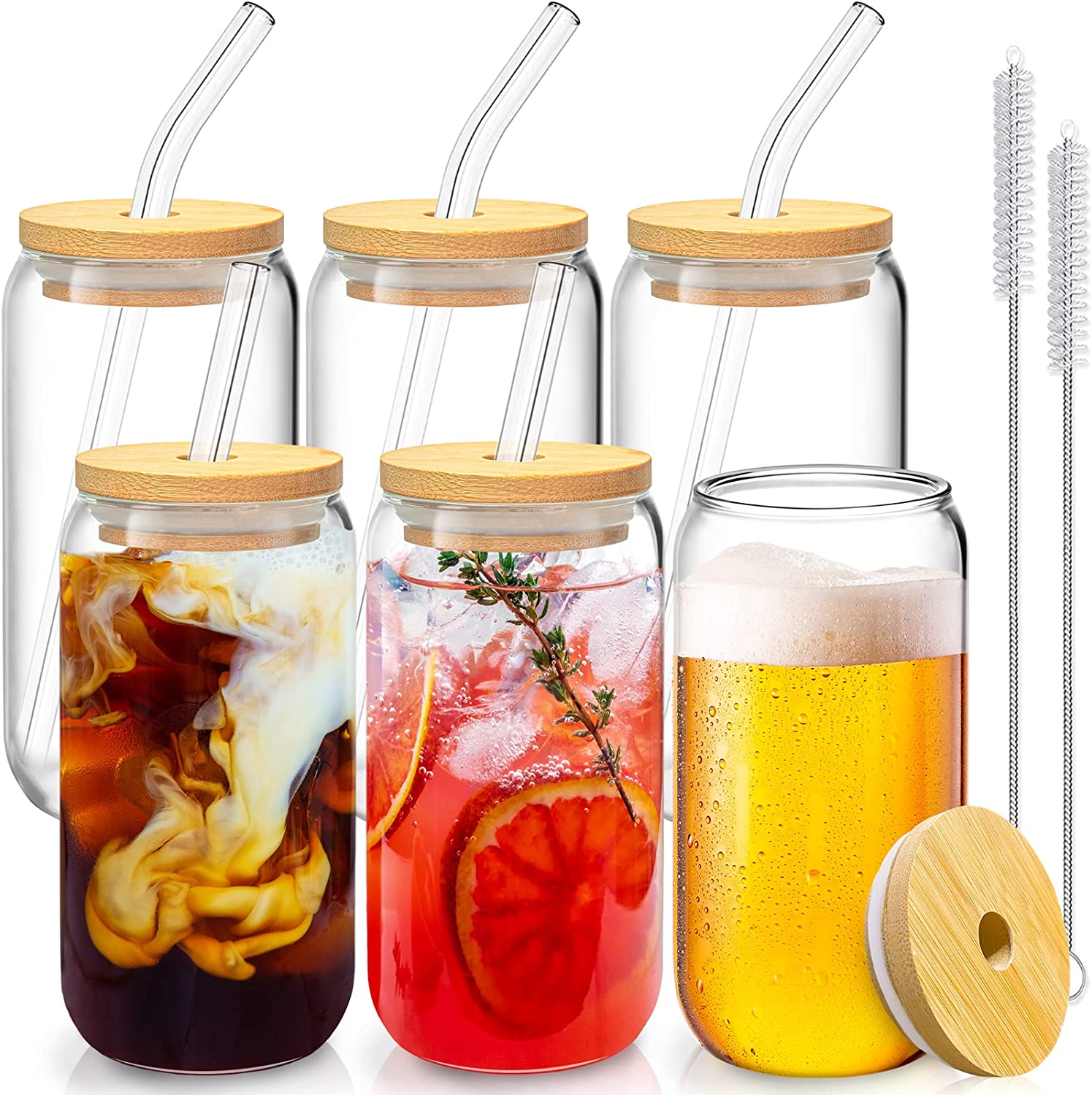 Glass Cups With Lids,Bamboo Lid With Straw,Beer Glasses With Lid And  Straw,Reusable Drinking Glasses