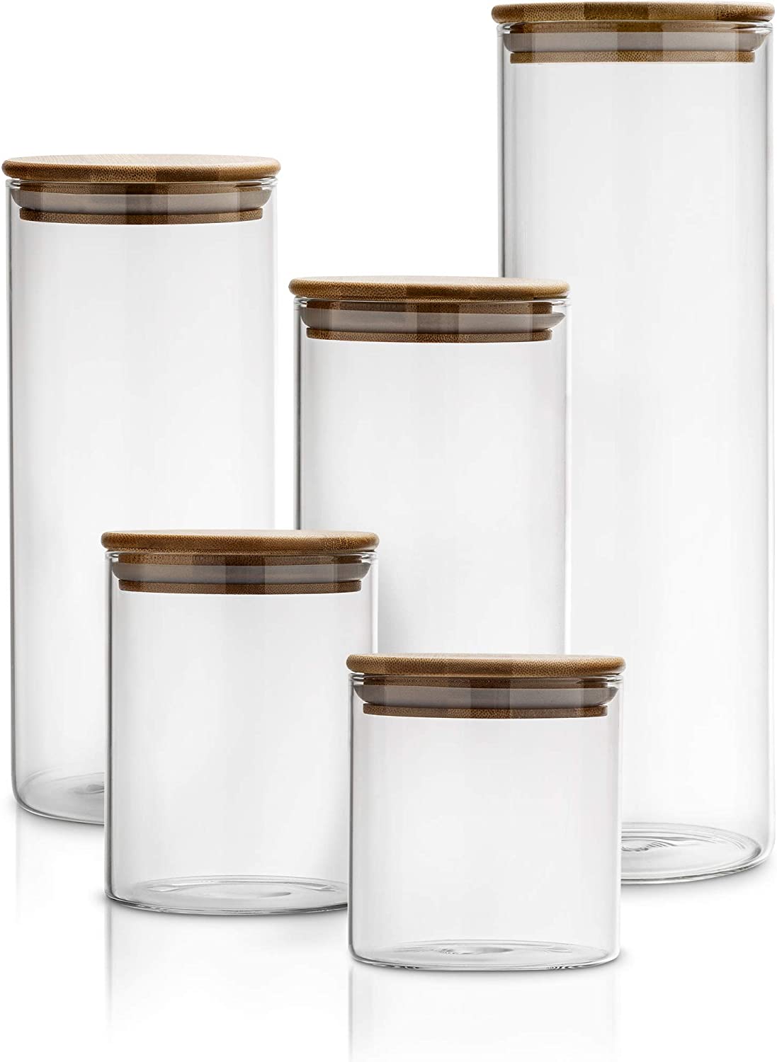 Canister Set of 5, Glass Kitchen Canisters with Airtight Bamboo Lid, Glass Jars